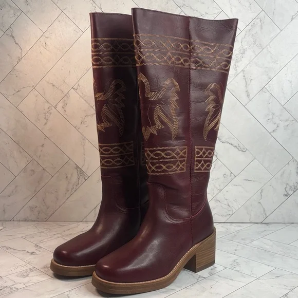 NWT Dingo Womens Avalon Burgundy Leather Embroidered Round Toe Boots Size 11M - Picture 1 of 8